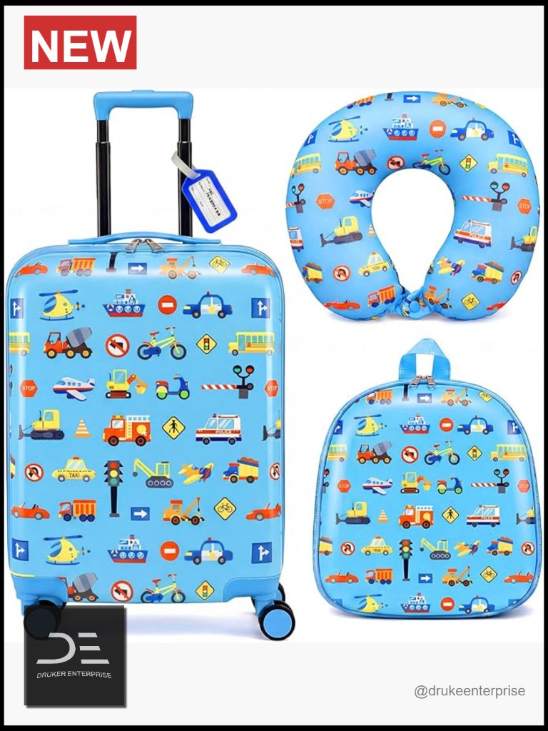 Kids Luggage Set 4pc Carry On Rolling Suitcase Backpack Neck Pillow